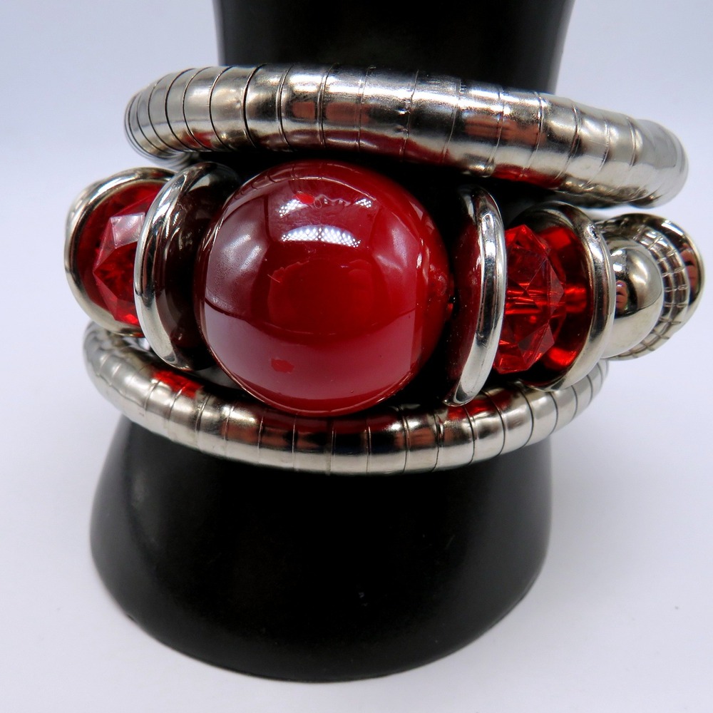 Silver Snake Chain Wrap Bracelet Red Orb Faceted Beads Multi Strand Statement